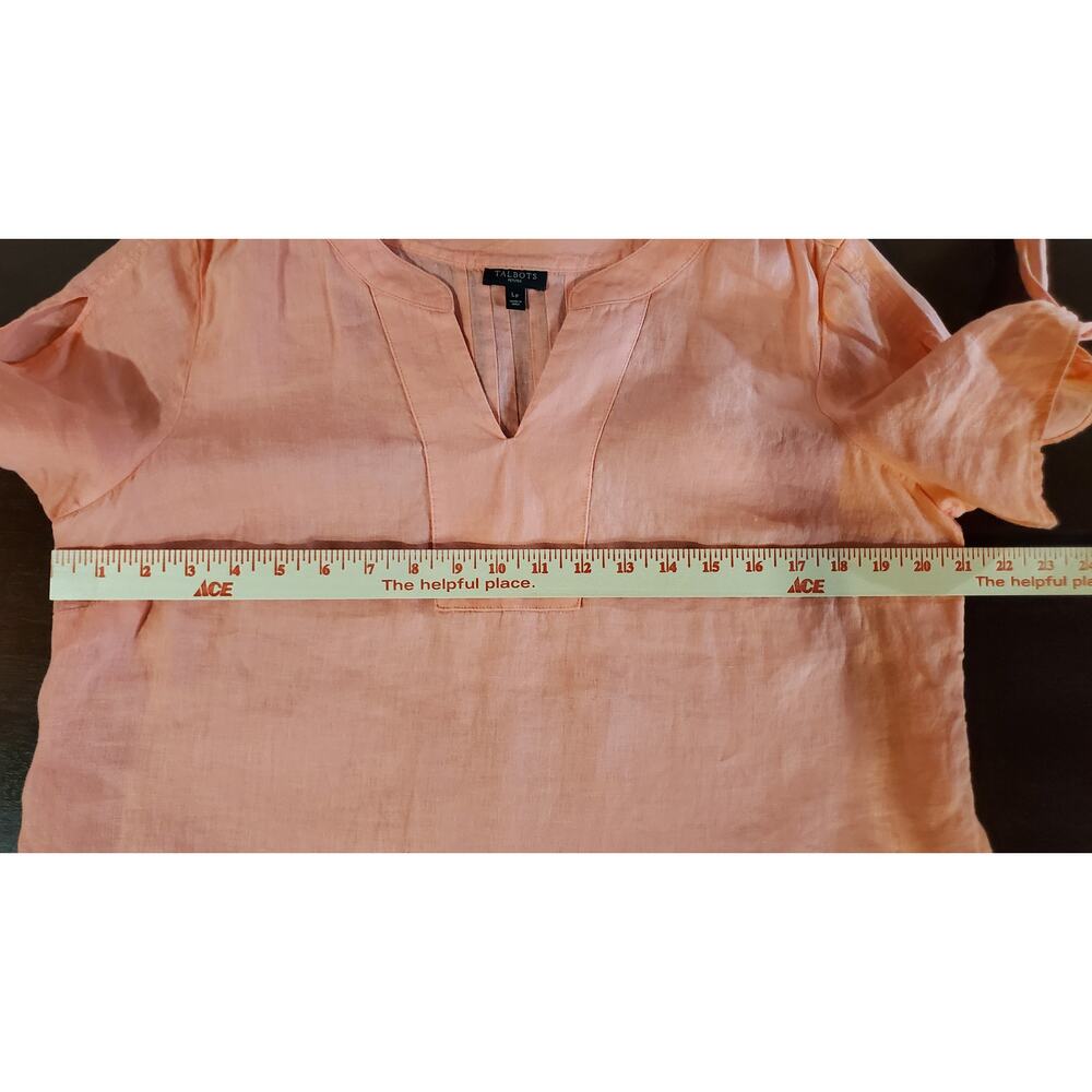 Talbots Linen Slit Tie Short Sleeve Notch Neck Blouse Top Size LP Coral Pink - Picture 9 of 10